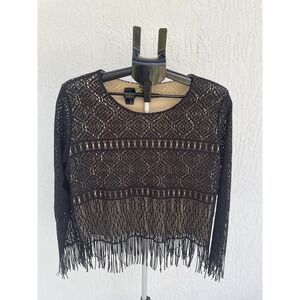 Black Lace Crochet Fringe Long Sleeve Cropped Top Women's Boho Festival